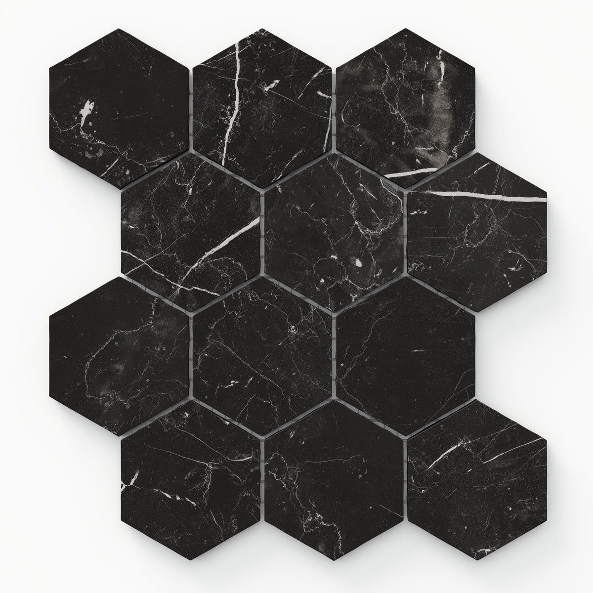 Leona Nero Marquina 3x3 hexagon mosaic matte tile, featuring bold black marble with subtle white veining for a refined, modern look.