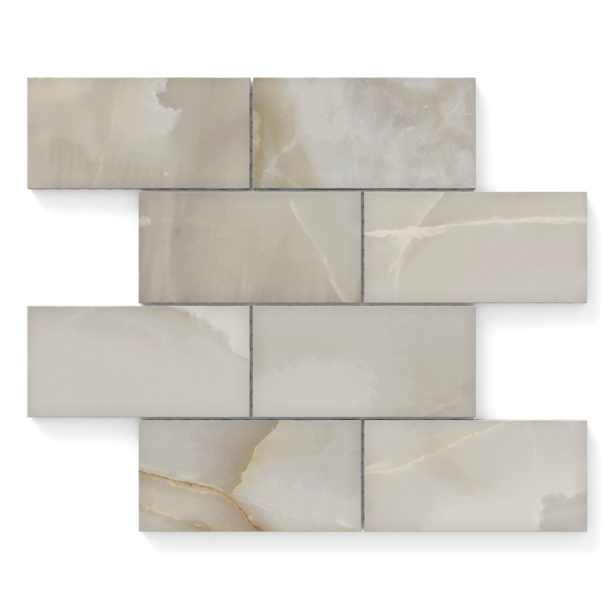 Astrid 3x6 matte porcelain mosaic tiles in Oyster shade, showcasing soft veining and a modern, elegant aesthetic.