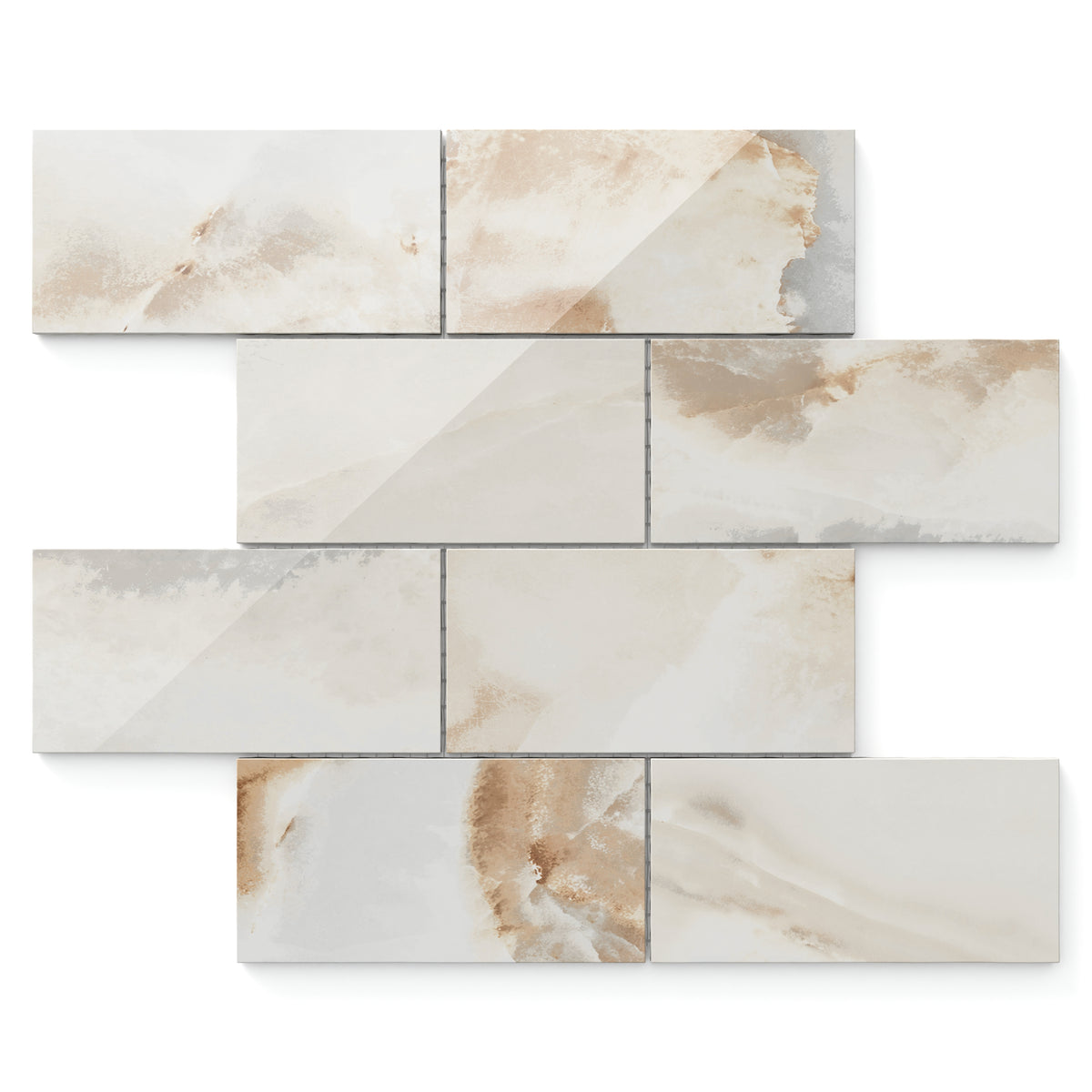 Astrid 3x6 polished porcelain mosaic tile in alabaster, featuring warm beige tones with a glossy, reflective finish.
