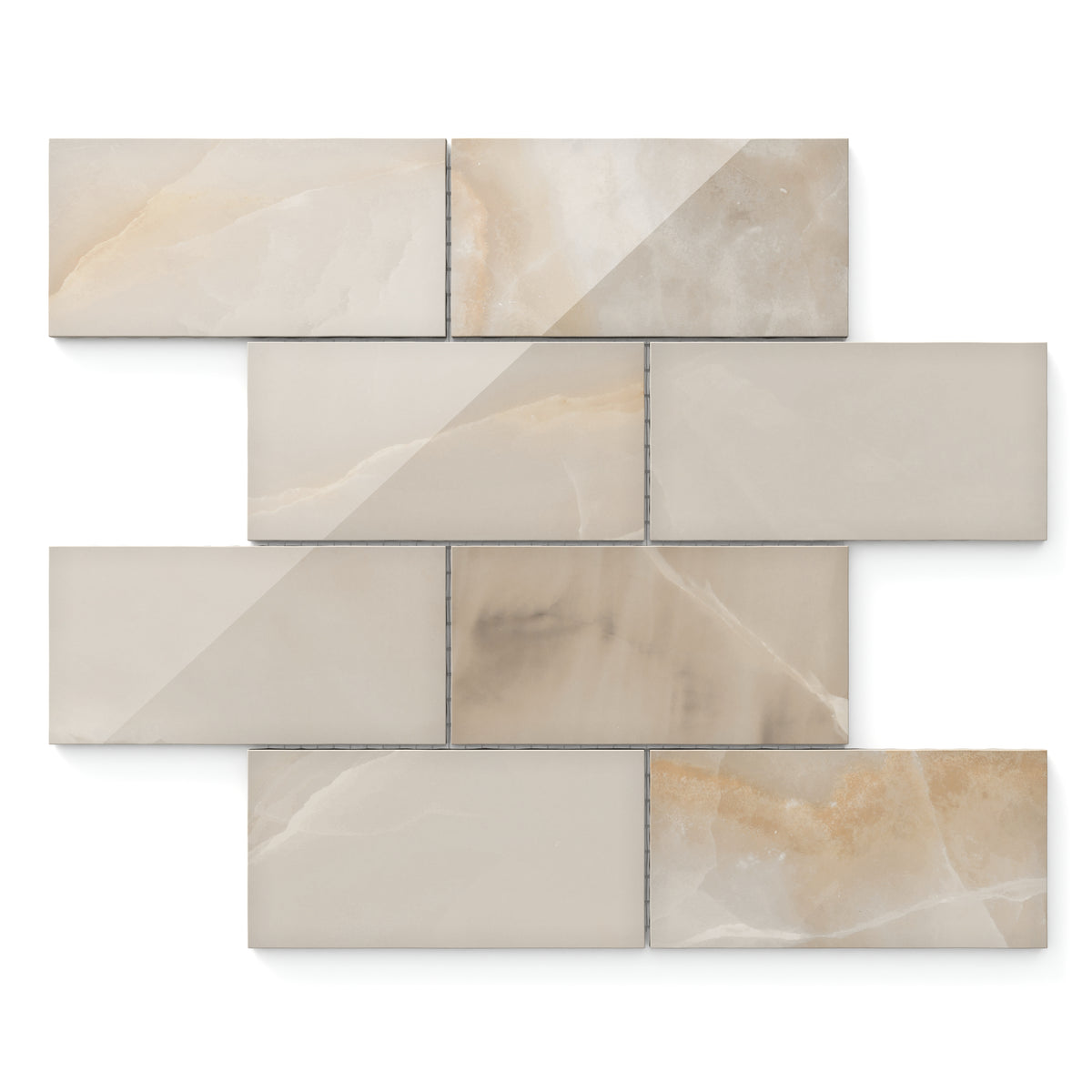 Astrid 3x6 polished porcelain mosaic tile in sand featuring soft beige tones and subtle veining for elegant wall applications.