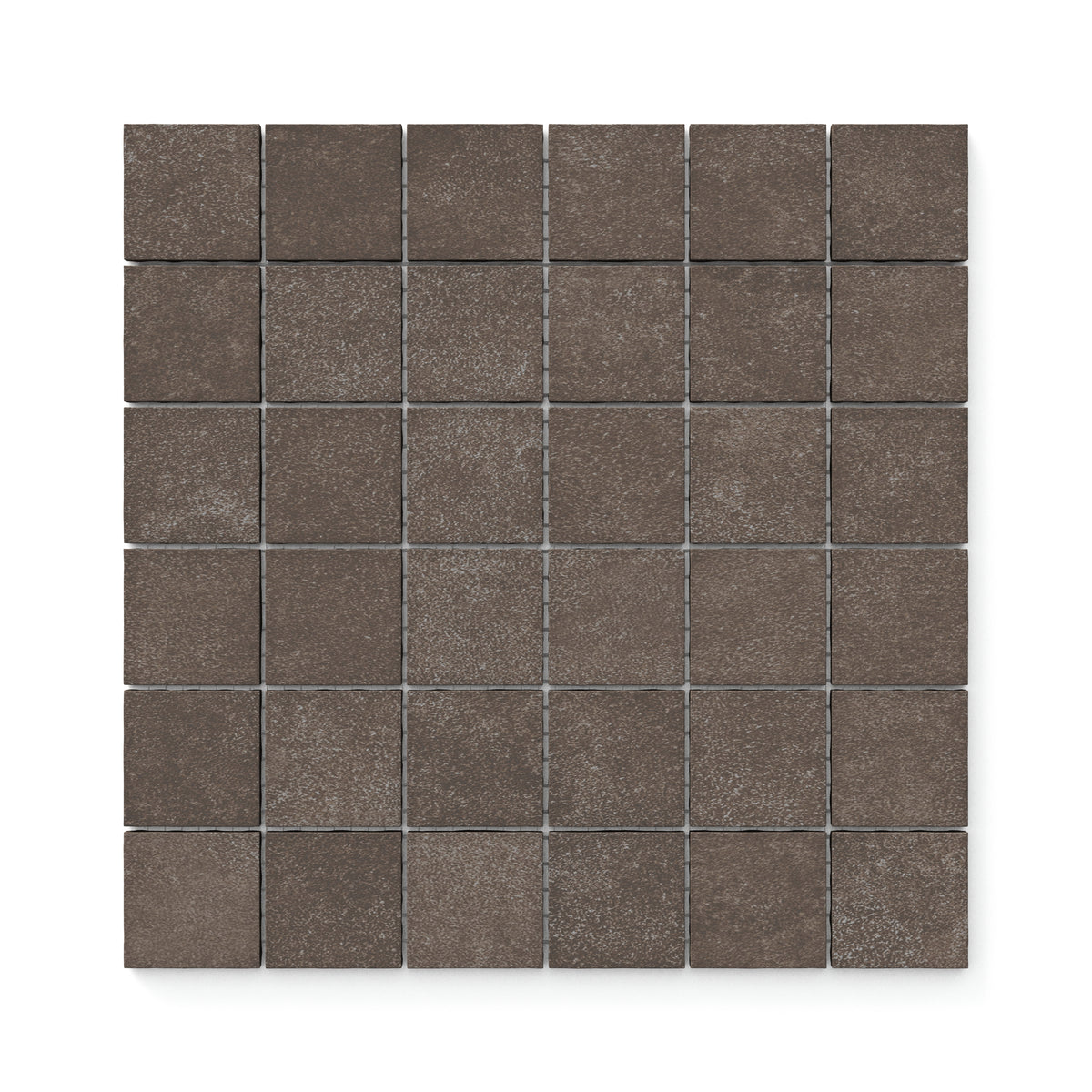 Deep espresso-toned 2x2 matte mosaic tiles with subtle textured detailing, ideal for creating rich and modern surfaces.