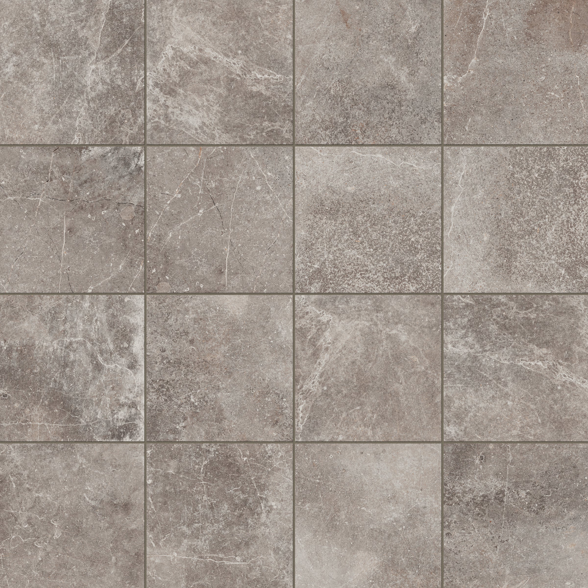Porcelain tile in a 12x12 format with a matte finish, featuring a taupe stone-like texture enhanced by intricate veining for timeless elegance.