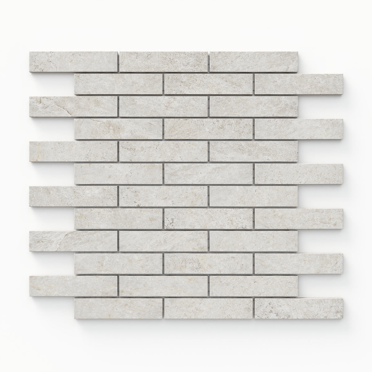 Dawson 1x4 Matte Porcelain Mosaic Tile in alabaster, showcasing a sleek linear pattern in a light neutral tone.