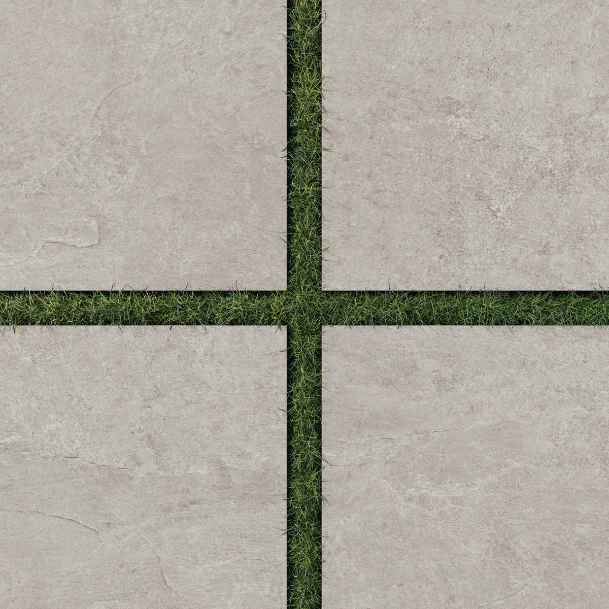 Dawson 24x24 Grip Porcelain 2cm Paver Tile in Dune, displayed with grass joints to highlight its warm, natural tone and textured surface.