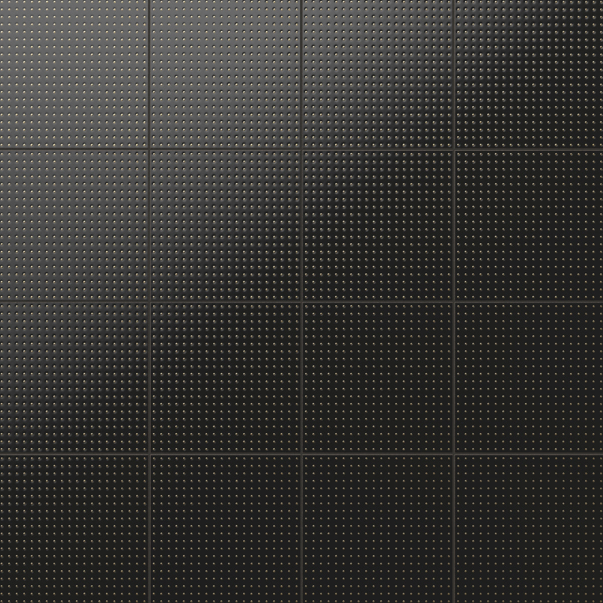 Kira 12x12 satin ceramic tiles featuring a sleek black surface with evenly spaced depressed gold dots for a modern, textured look
