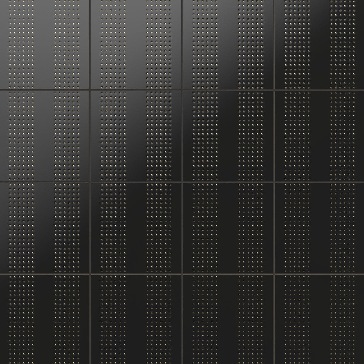 Kira black 12x12 satin ceramic tiles featuring bold vertical stripes with textured gold dot patterns, creating a striking modern look