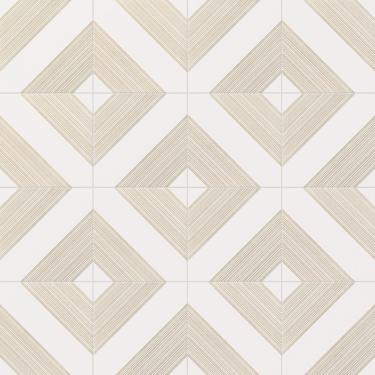 Elegant white satin ceramic tiles with radiant gold diamond-line patterns, adding a luxurious touch to any interior