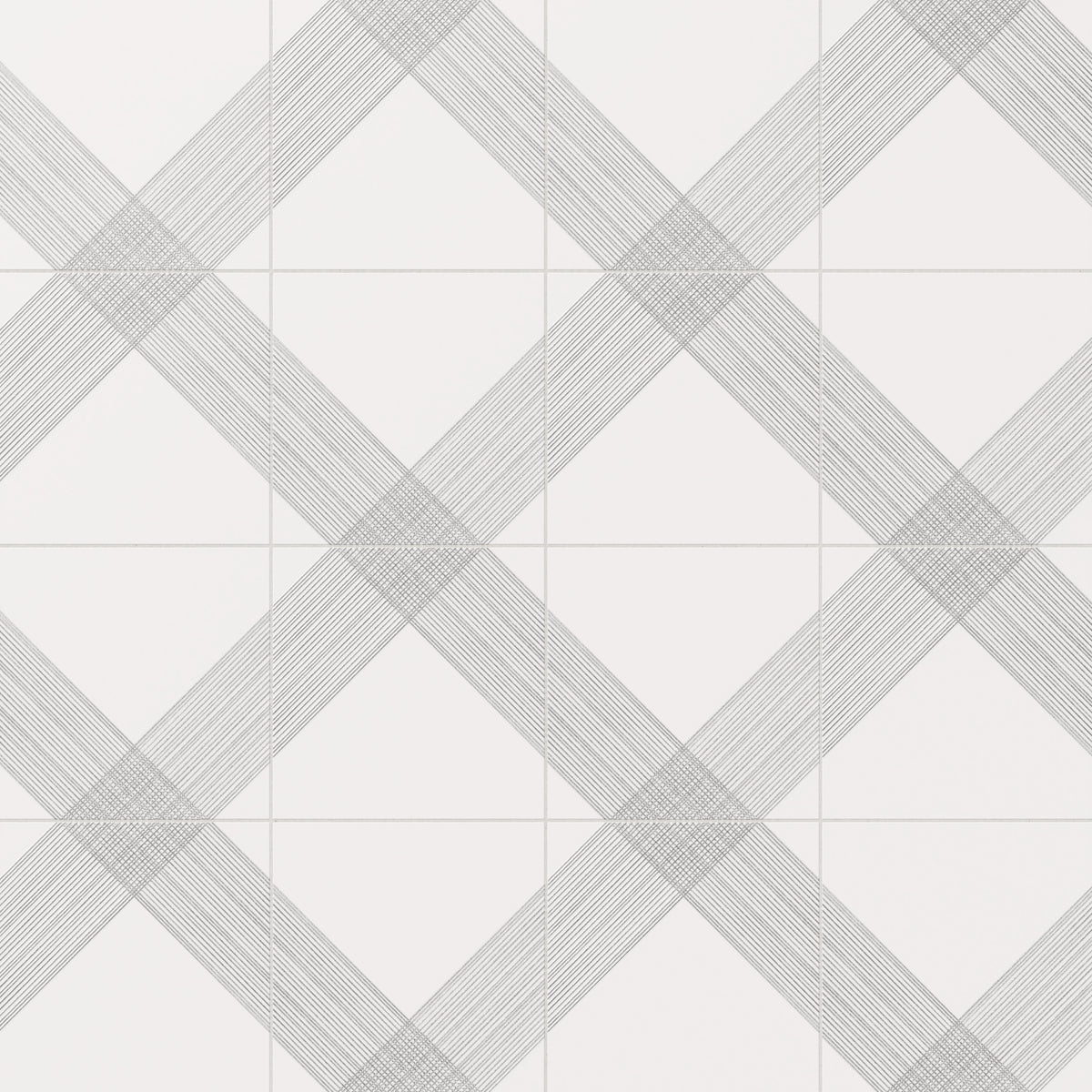 Modern white satin ceramic tiles with sleek silver crisscross designs, perfect for a contemporary aesthetic