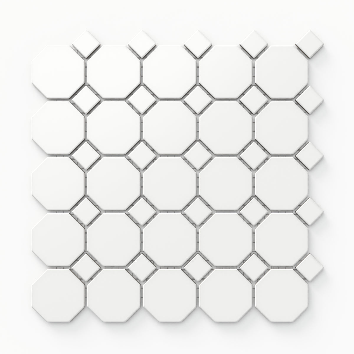 With their matte white finish and square detailing, the octagon mosaic tiles present a sophisticated, versatile pattern that suits both modern and traditional spaces.