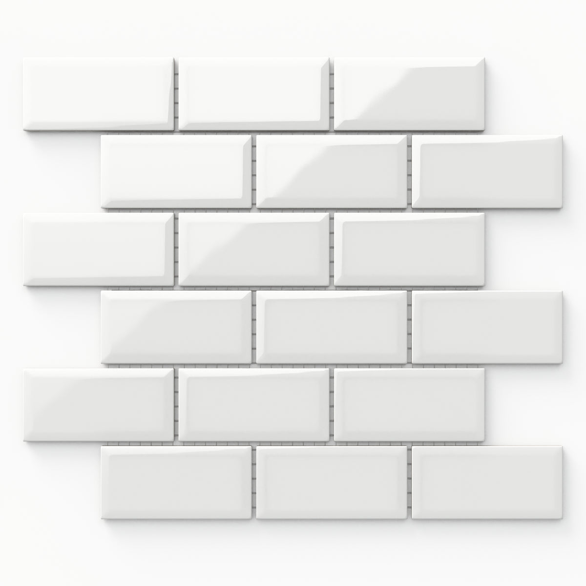 Maggie white mosaic porcelain tile in a 2x4 beveled brick pattern with a glossy finish, ideal for clean, modern designs