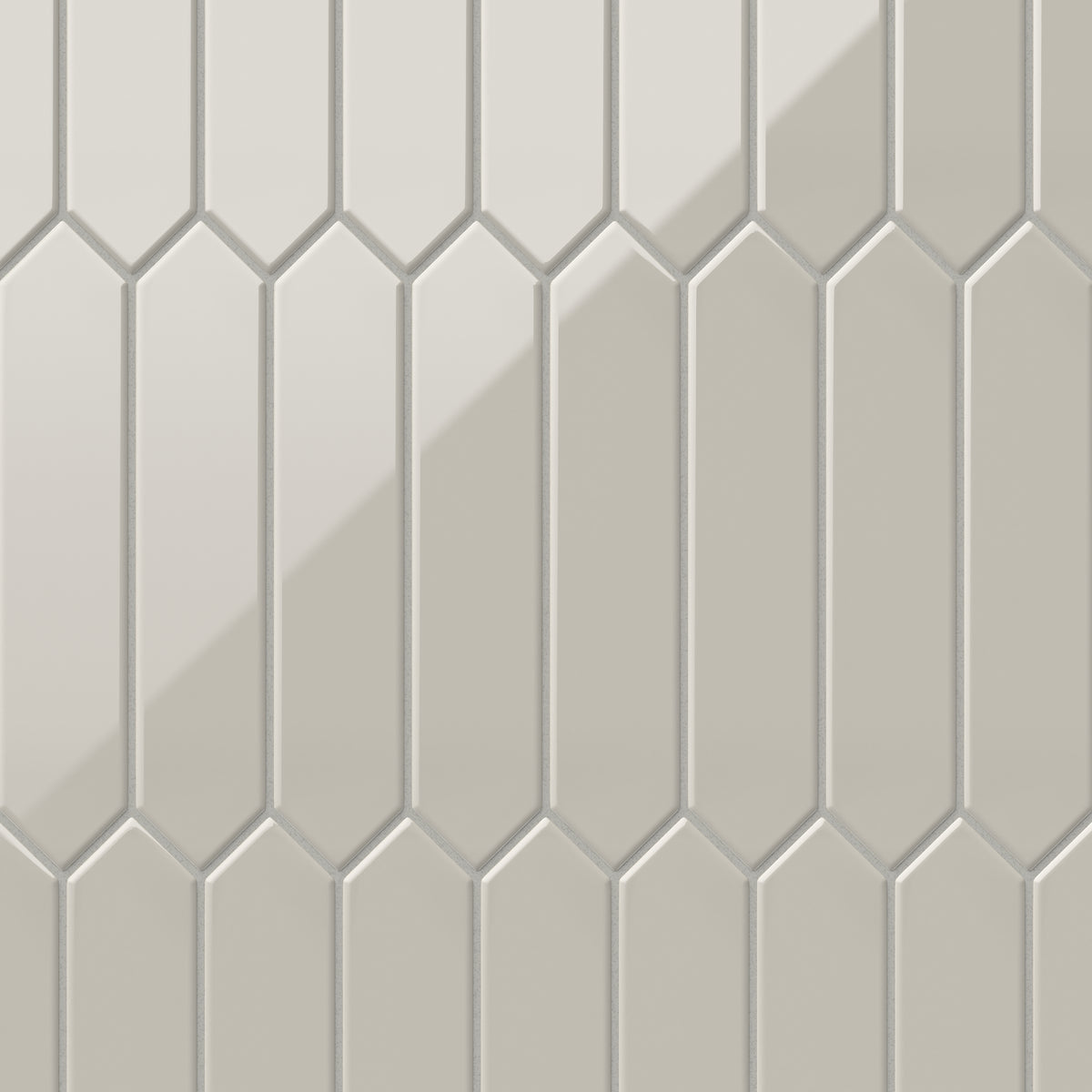 The refined, glossy beige 2x10 picket tiles present a chic geometric aesthetic, making them a perfect choice for contemporary and stylish interiors.