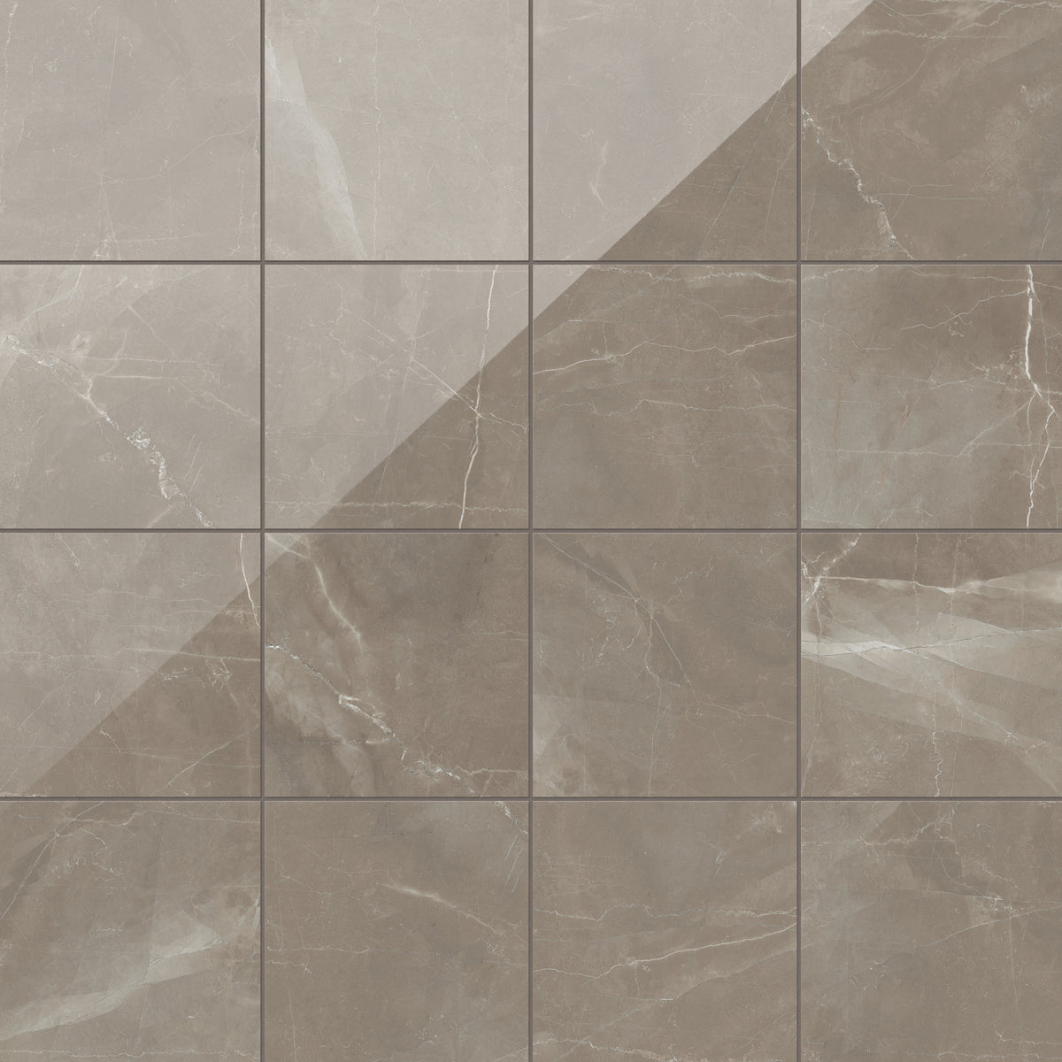 Leona 12x12 polished porcelain tile in Amani Bronze, featuring a rich brown marble finish with delicate white veining.