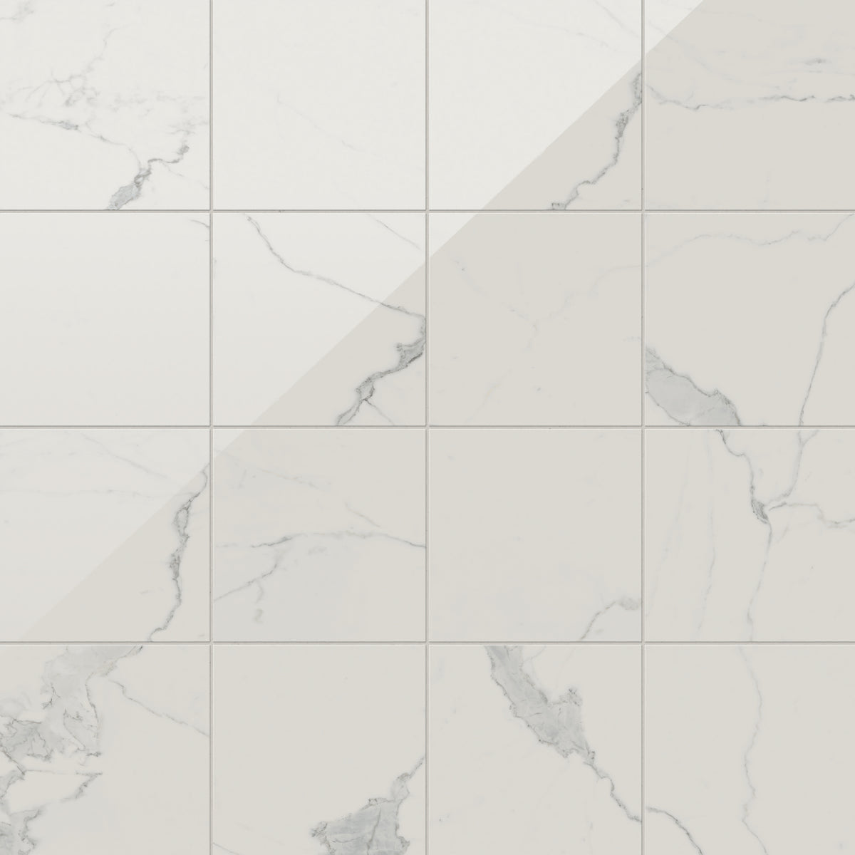 Leona 12x12 polished porcelain tile in Calacatta, showcasing elegant white marble patterns with subtle gray veining.