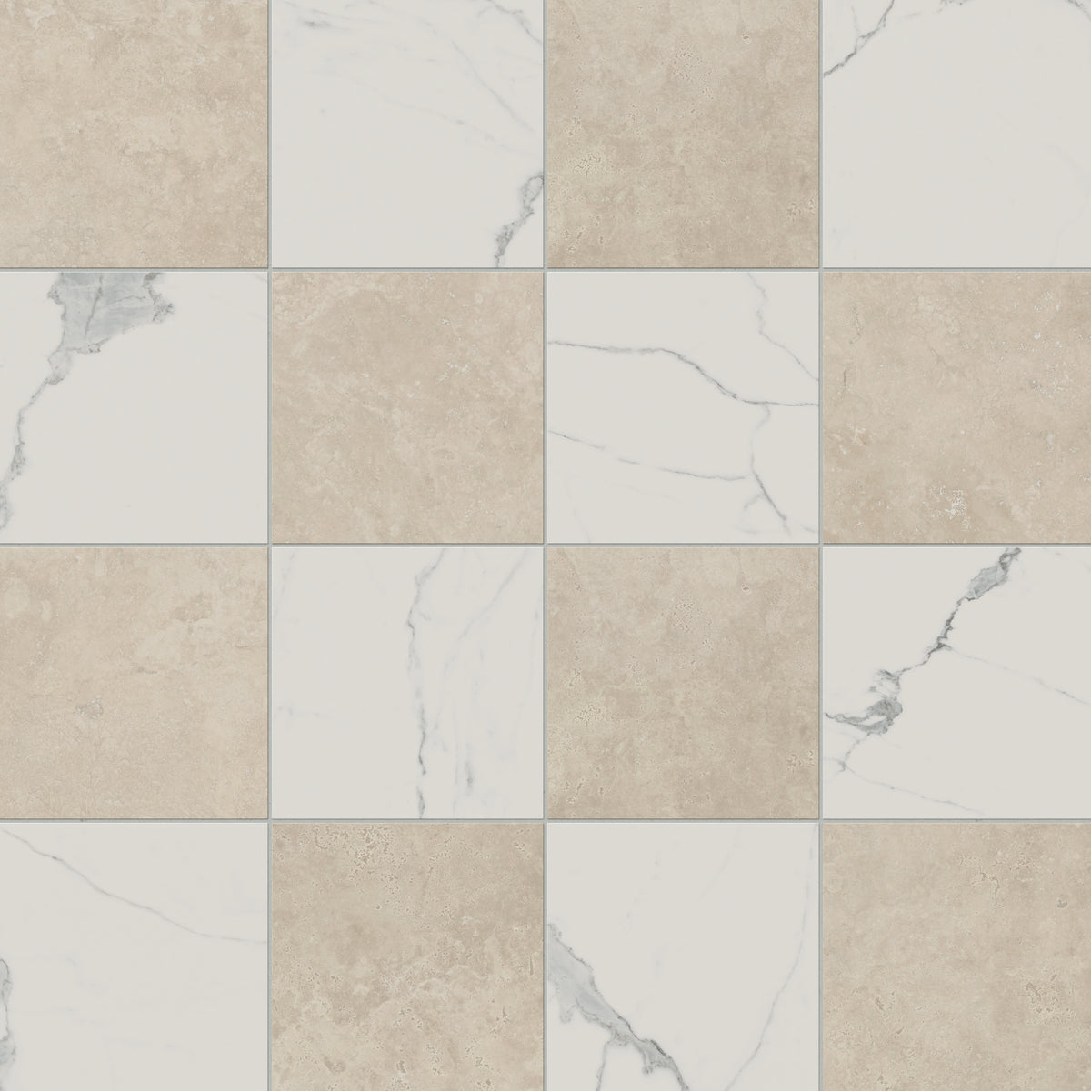 Leona Calacatta and Marfil 12x12 matte tiles create a classic checkerboard pattern with soft beige and white marble-inspired tones.
