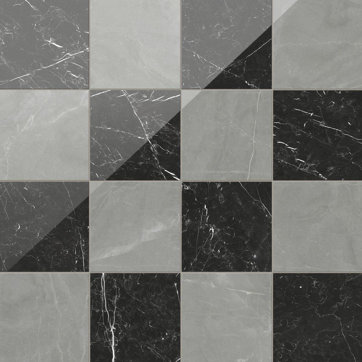 Leona Amani Grey and Nero Marquina tile, 12x12 gloss finish, offering a striking mix of grey and black marble-look tiles in a sleek checkerboard design.
