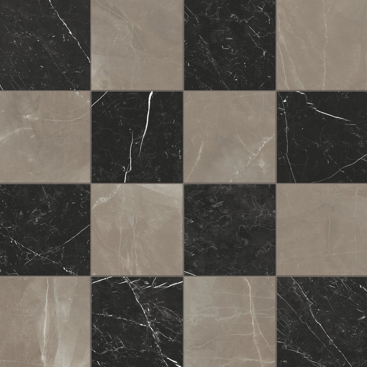 Leona Amani Bronze and Nero Marquina tile, 12x12 matte finish, featuring a sophisticated checkerboard pattern with warm brown and bold black marble-look tones.