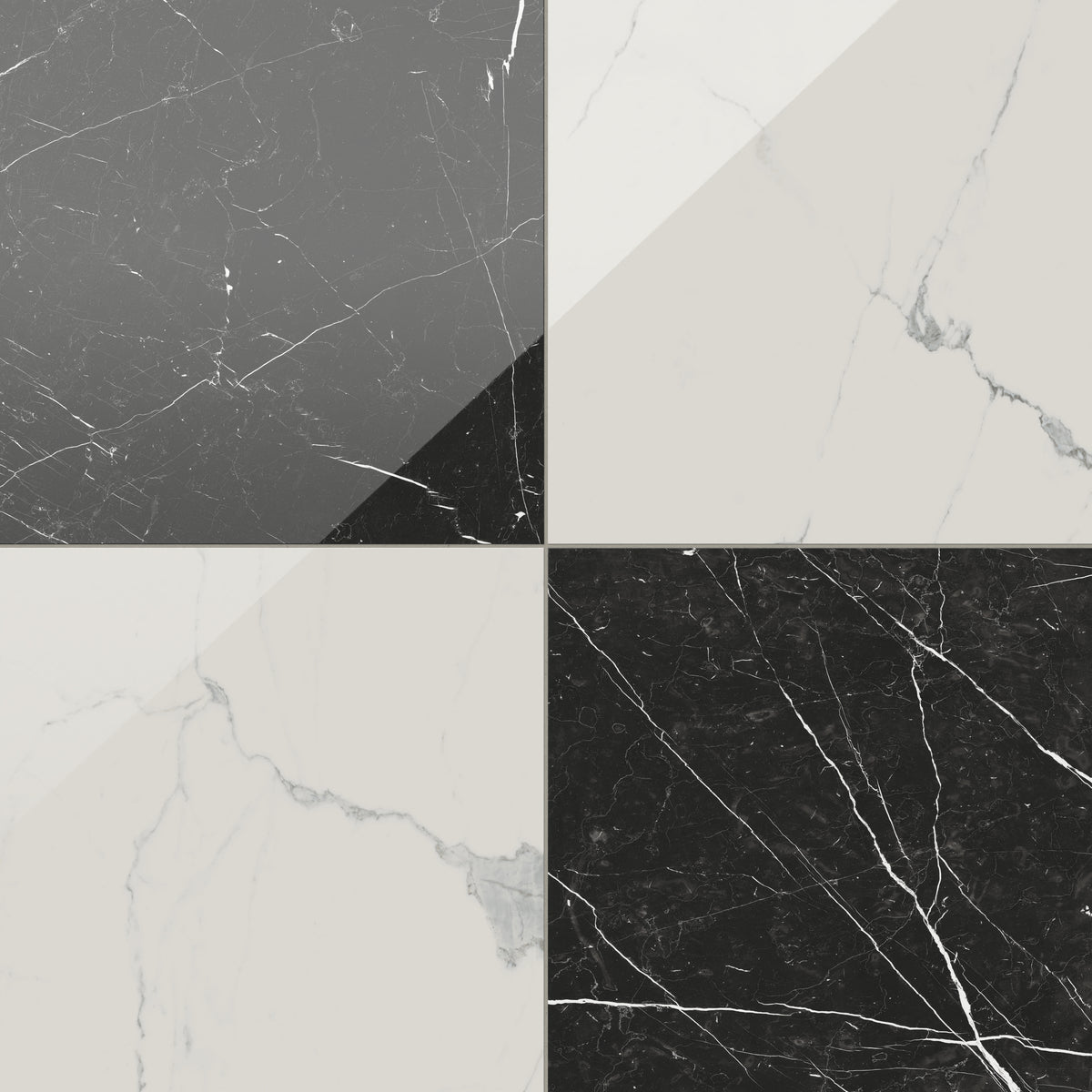Leona Calacatta and Nero Marquina tile, 24x24 gloss finish, combining crisp white and dramatic black marble-look in a refined checkerboard pattern.