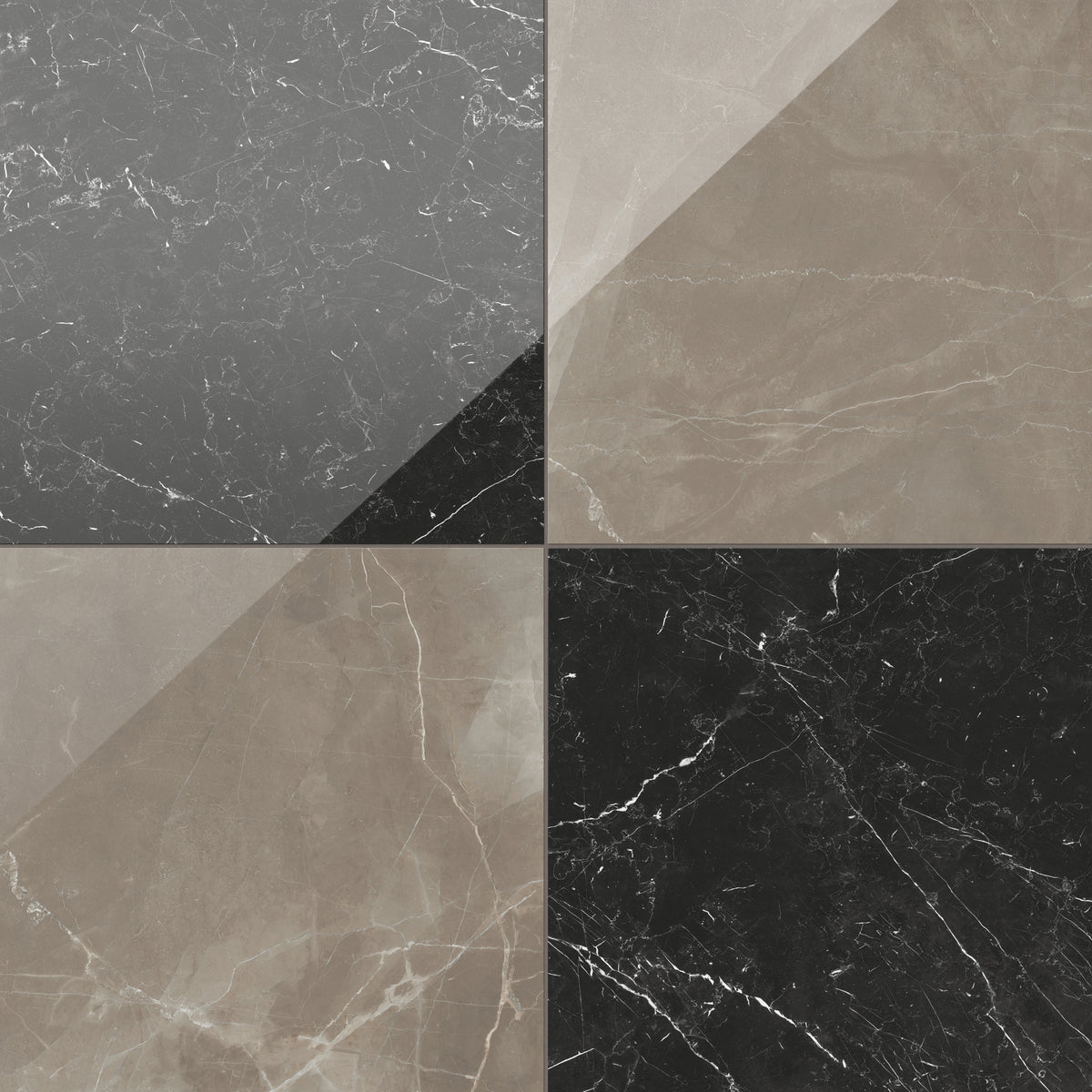 Leona Amani Bronze and Nero Marquina tile, 24x24 gloss finish, showcasing a bold checkerboard design with brown and black marble-inspired tones.