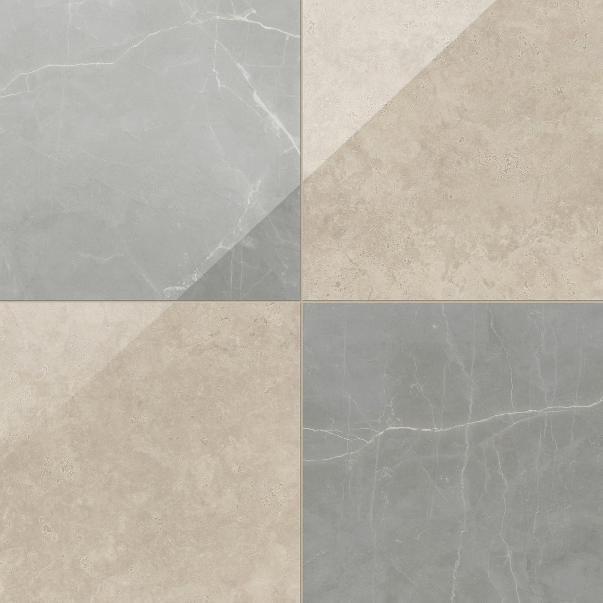 Leona Marfil and Amani Grey tile, 24x24 gloss finish, showcasing a sophisticated checkerboard pattern blending light beige and soft grey tones for an elegant look.