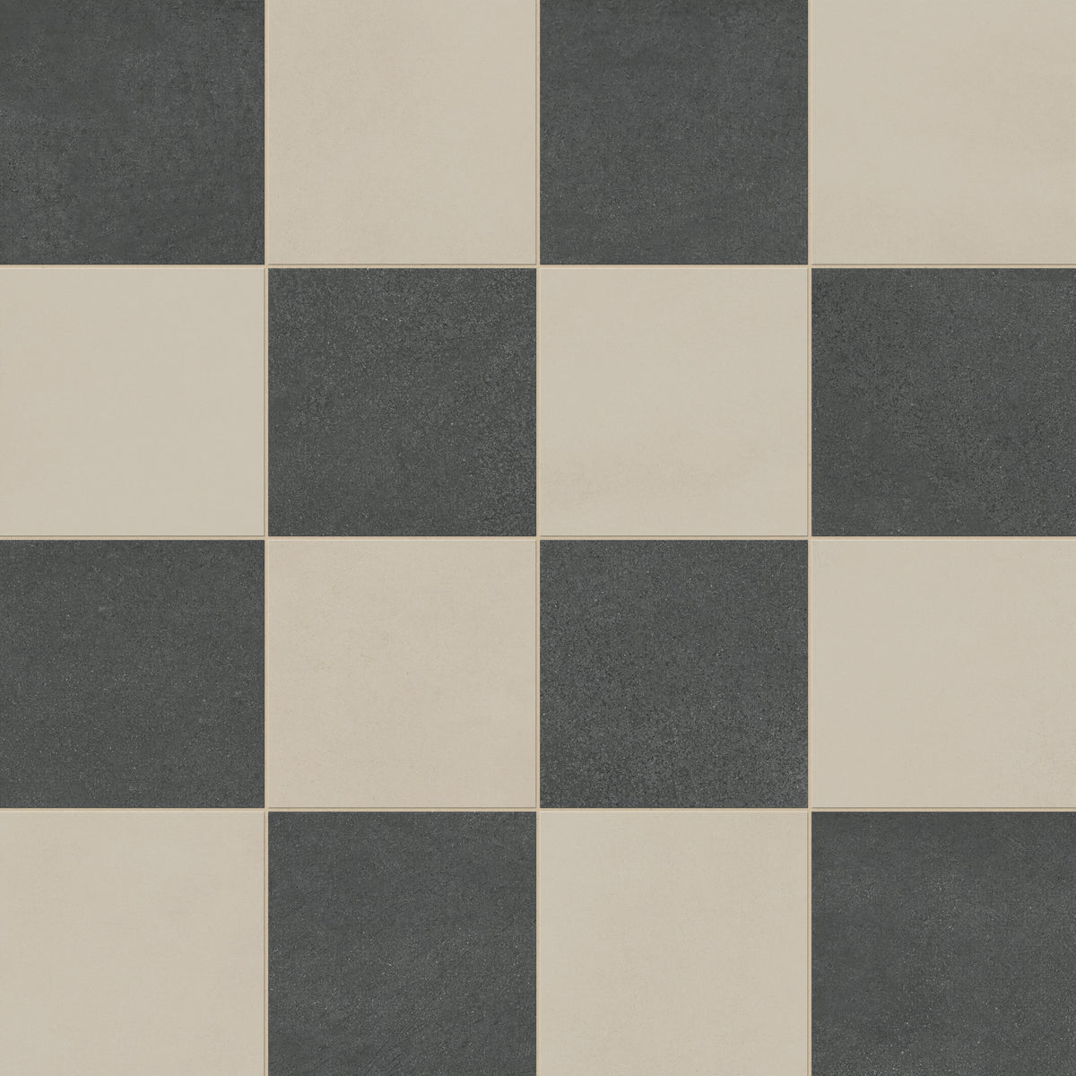 Palmer 12x12 checkerboard matte porcelain tile in natural beige and deep black, creating a bold yet balanced contrast.