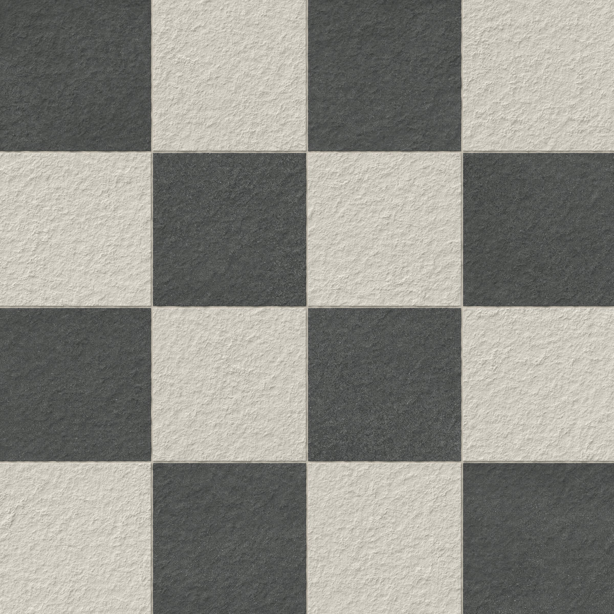 Palmer 12x12 checkerboard raw porcelain tile in white and nero black, designed for a classic monochromatic aesthetic with a textured finish.