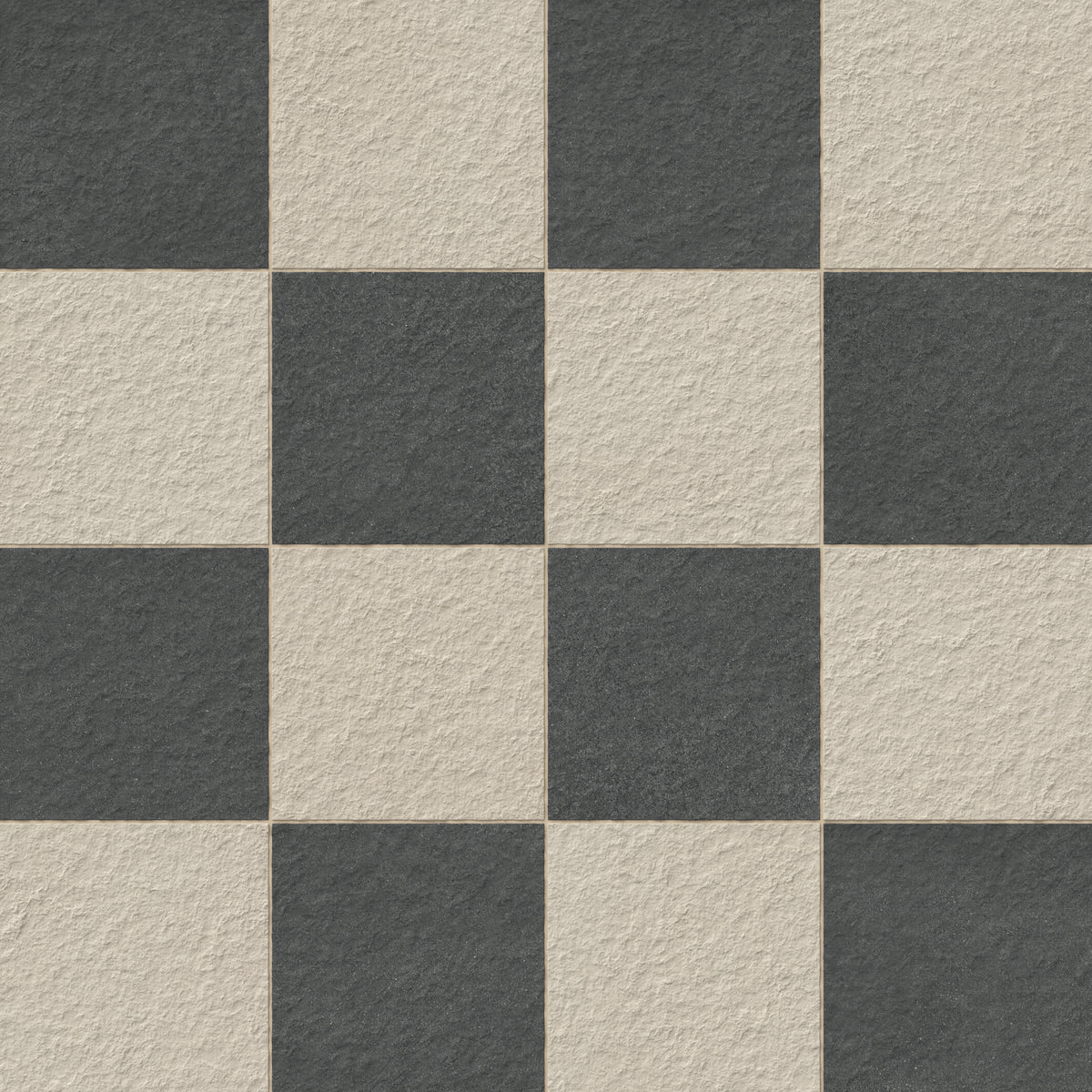 Palmer 12x12 checkerboard raw porcelain tile in natural beige and nero black, featuring a bold and textured pattern for dynamic interior and exterior designs.