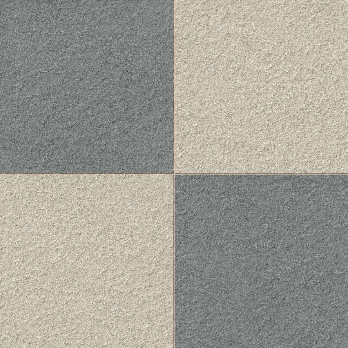 Palmer 24x24 checkerboard raw porcelain tile in natural beige and grey, showcasing a textured surface and classic dual-tone pattern.