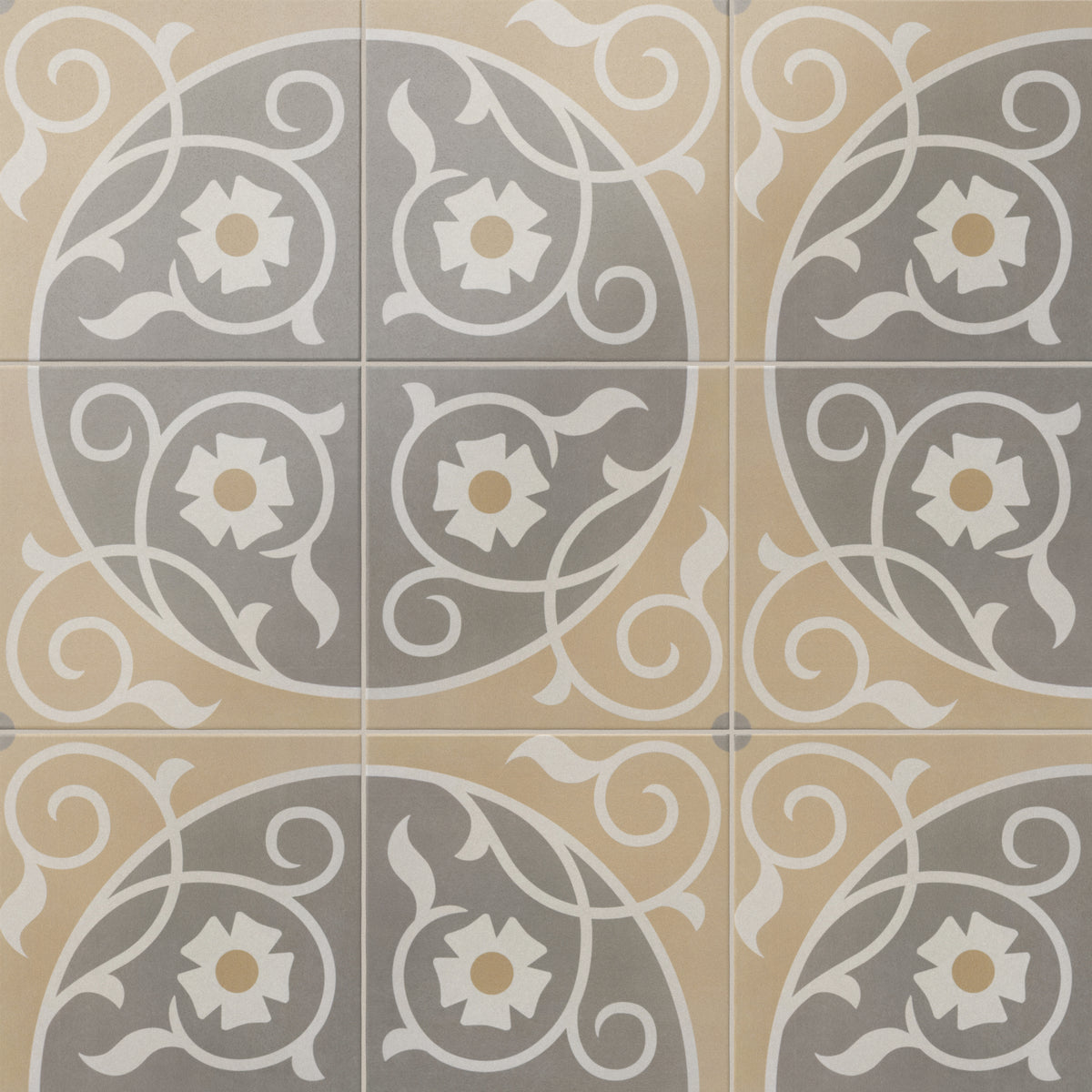 An 8x8 matte porcelain decorative tile featuring floral patterns in soft beige and gray, arranged in a circular quadrant with off-white scrollwork and golden-centered daisies.