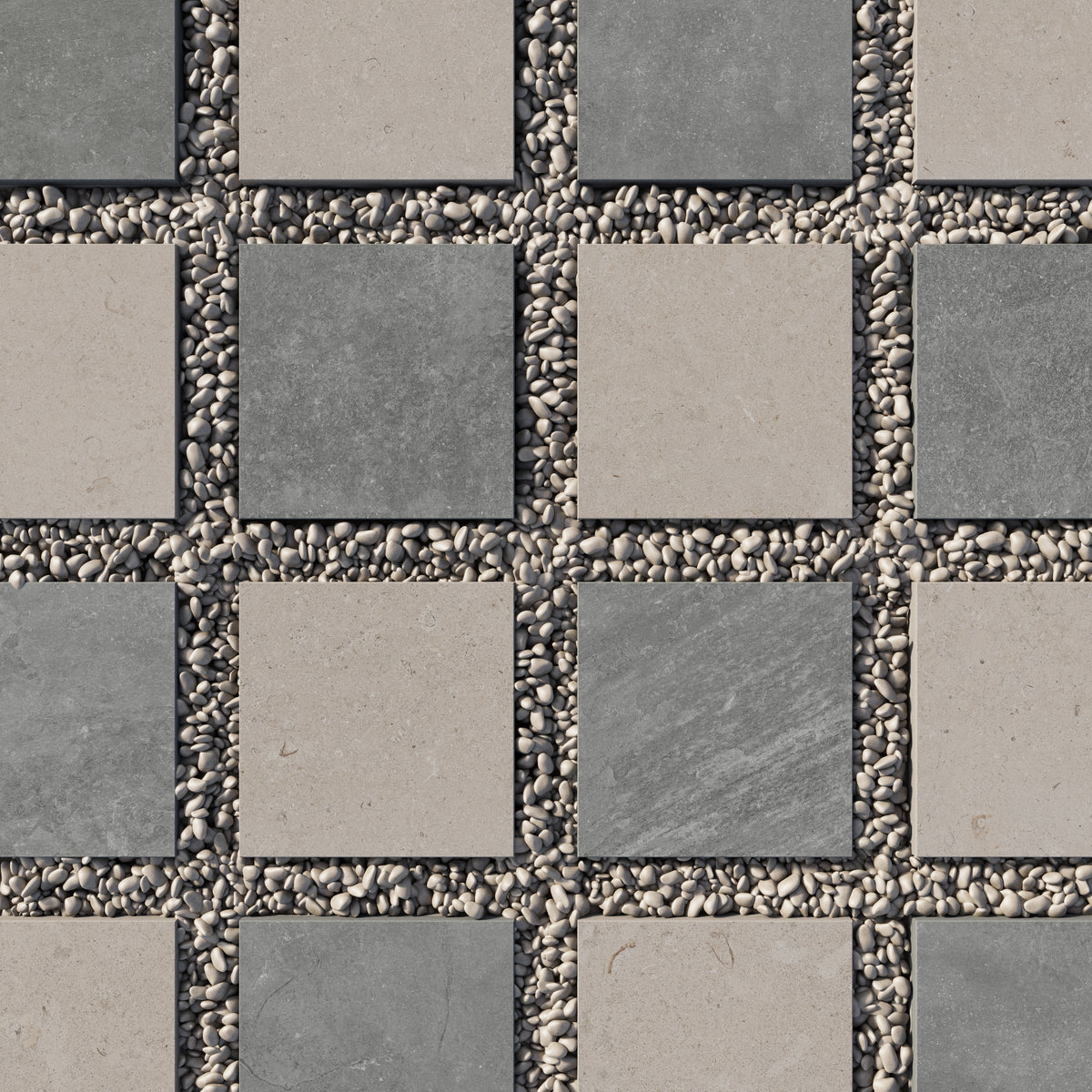 Checkerboard porcelain pavers in dark gray and light brown set in white gravel, combining a stone look finish with natural, low-maintenance style.