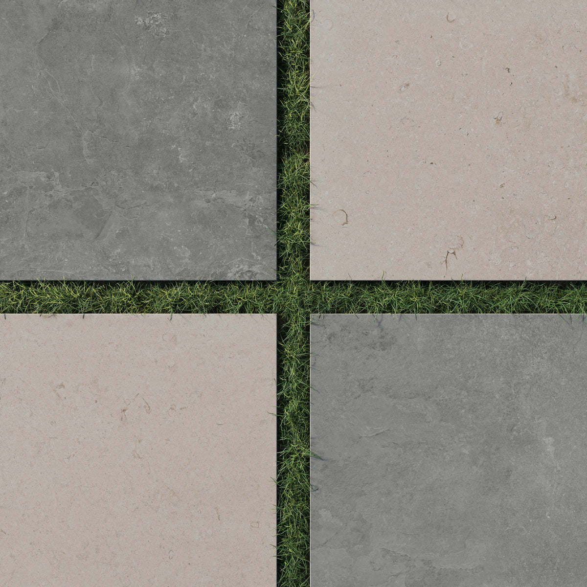 Large format porcelain pavers in dark gray and light brown set in grass, offering a bold stone look checkerboard with earthy elegance and slip resistance.