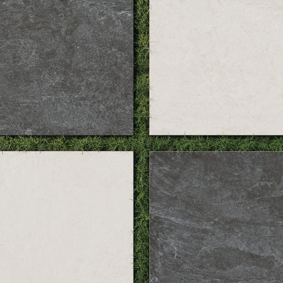 Outdoor layout with 24x24 checkerboard grip porcelain paver tile in 2cm thick dark gray and light cream tones set over natural green grass