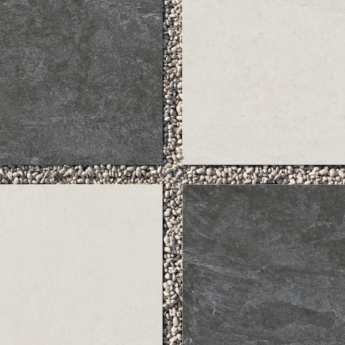 Modern outdoor surface featuring 24x24 checkerboard grip porcelain paver tile in 2cm thick dark gray and light cream tones with decorative stone fill