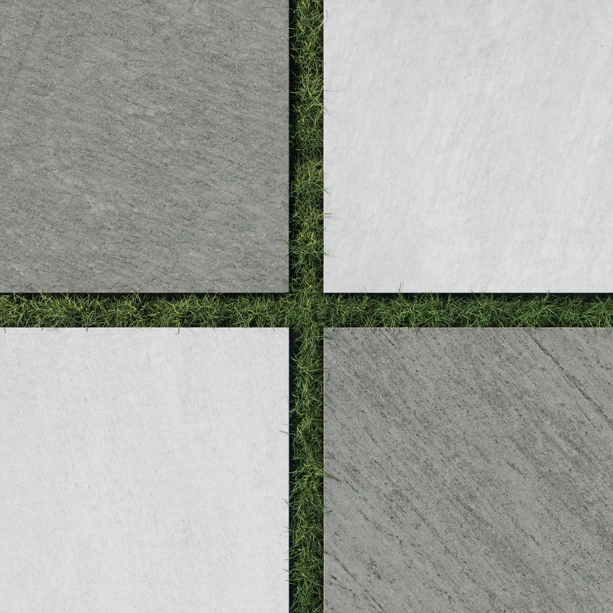 Outdoor checkerboard layout of 24x24 stone-look porcelain paver tiles in gray and white tones, set over grass for a striking yet natural patio design