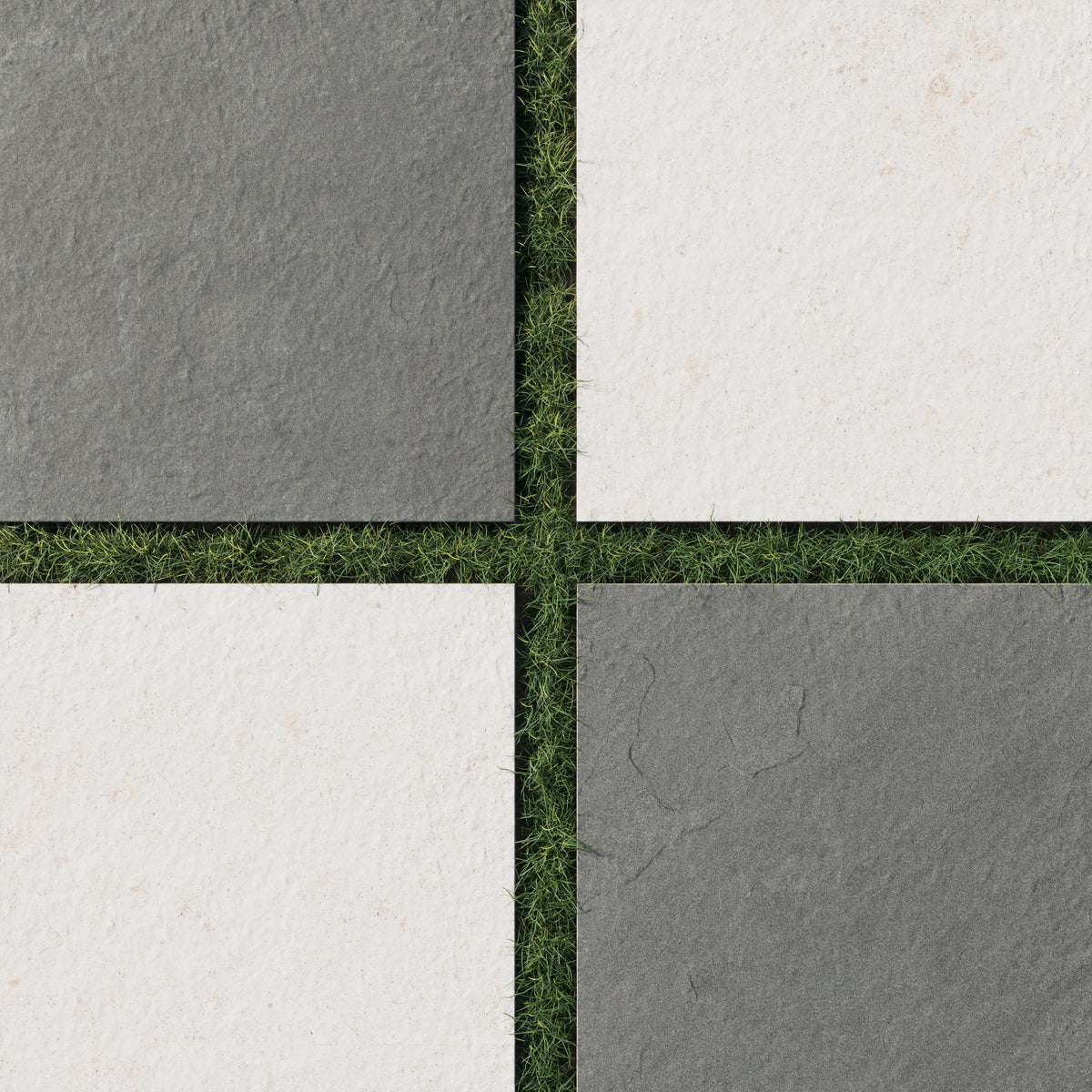 Checkerboard paver set featuring earthy multicolor gray and soft canvas tones, with natural finishes that contrast against neatly trimmed grass seams.