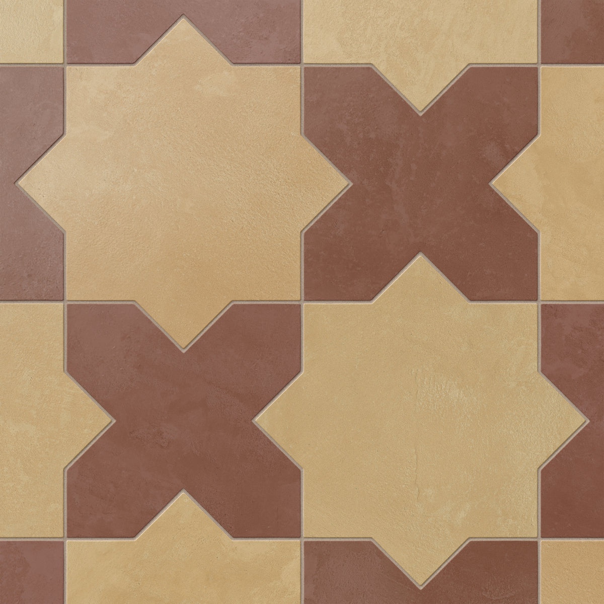 Star and cross shapes alternate in earth-drawn hues of yellow-orange and red, brought together in a matte porcelain tile with subtle cement-plaster texture and a soft terracotta-like patina.