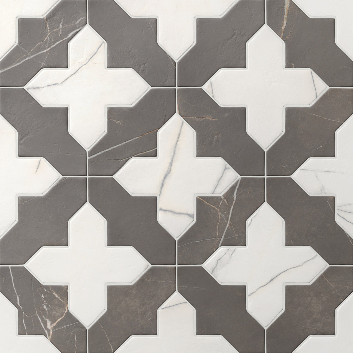 8x8 star and cross porcelain tiles blend dark gray and white tones, showing gentle veining across a matte finish and softened edges that give the pattern an easy rhythm.