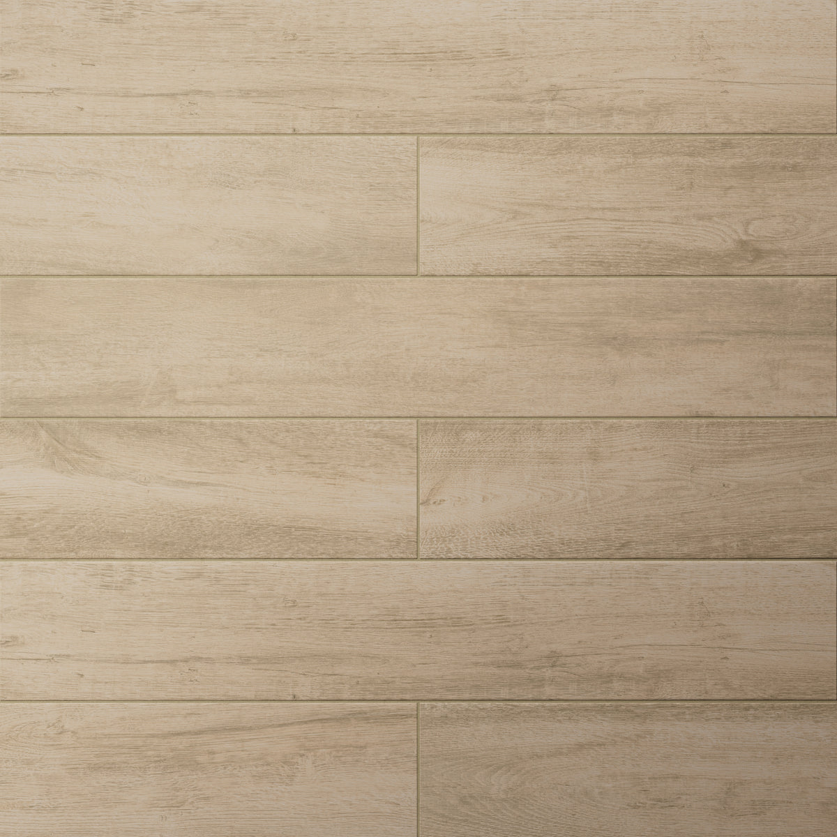 Matte porcelain wood-look 8x48 tile featuring light beige tones and gentle wood grain movement for a bright, natural appearance.