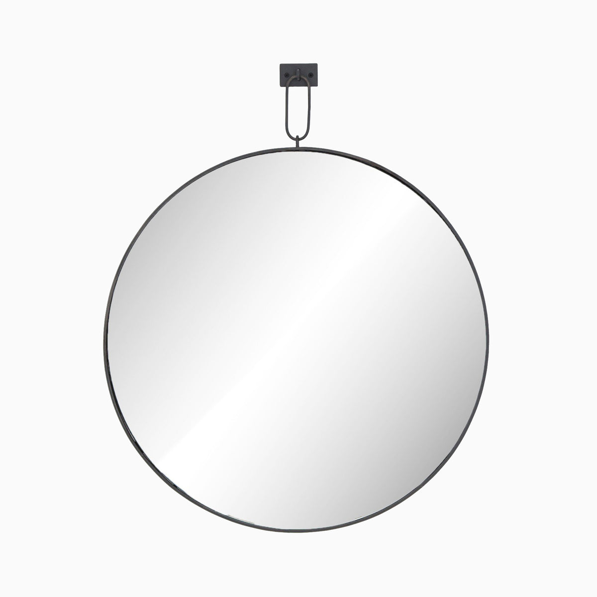 Round wall mirror with a slender black iron frame and looped hanging detail mounted on a rectangular wall bracket.