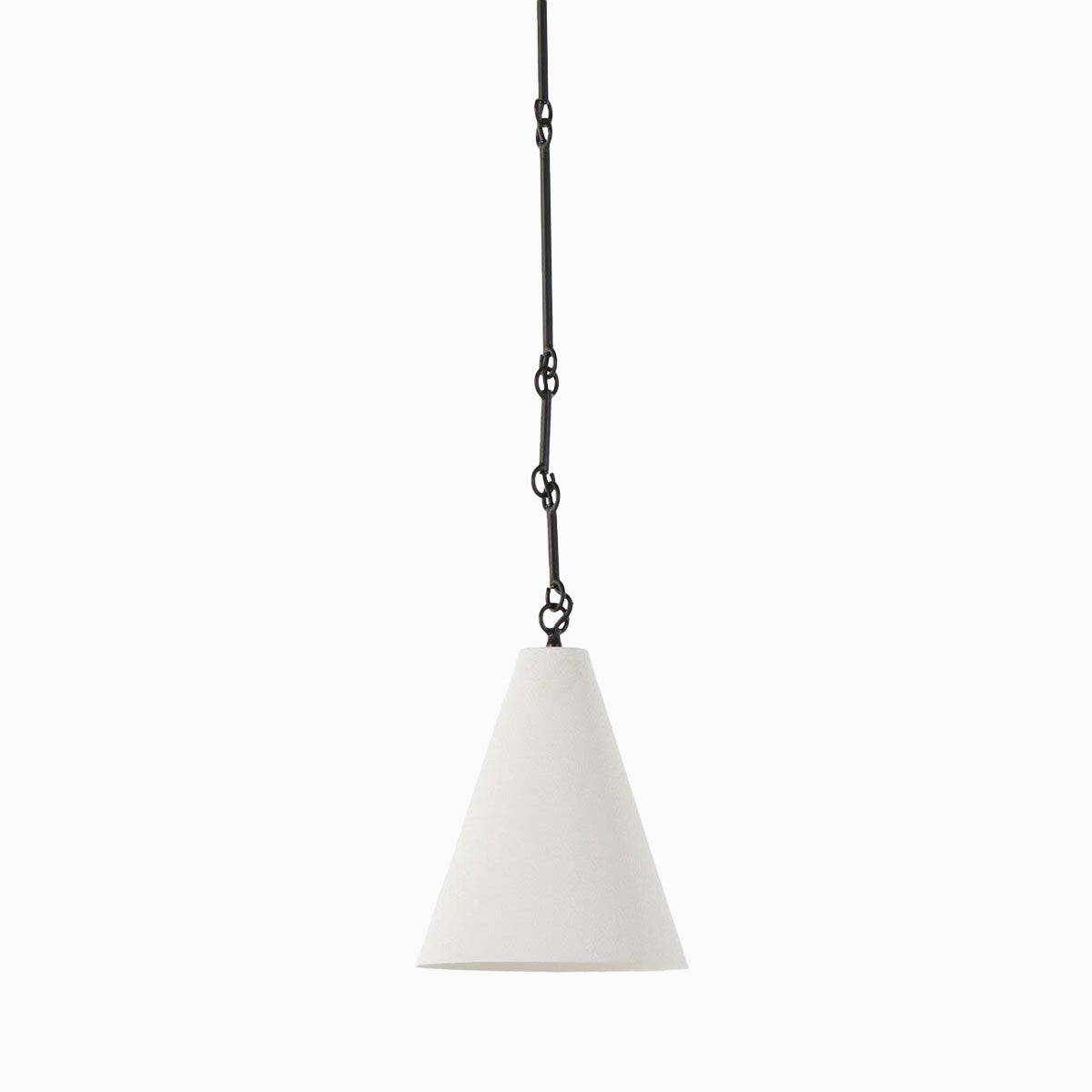 Modern pendant light with a matte white plaster cone shade, suspended from the ceiling by a dark metal chain for a minimalist look.