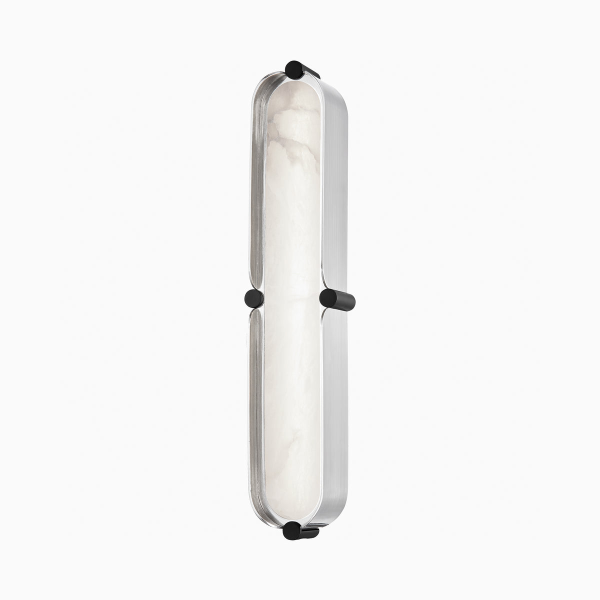 Wall sconce with burnished nickel capsule frame, dusk black accents, and frosted alabaster-style insert with LED lighting.
