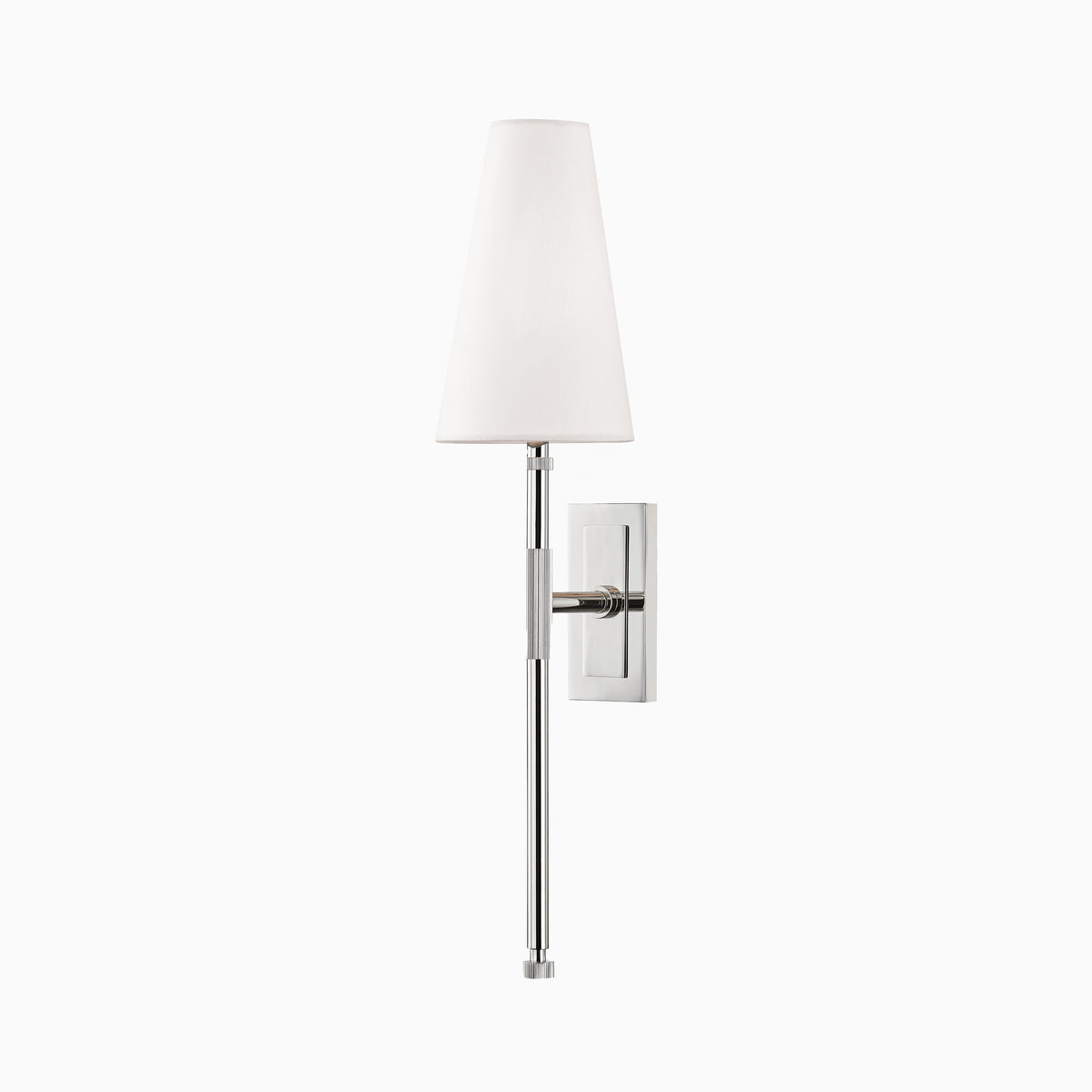 Wall sconce with polished nickel finish, slender metal stem, white linen tapered shade, and compact rectangular backplate for soft ambient lighting.