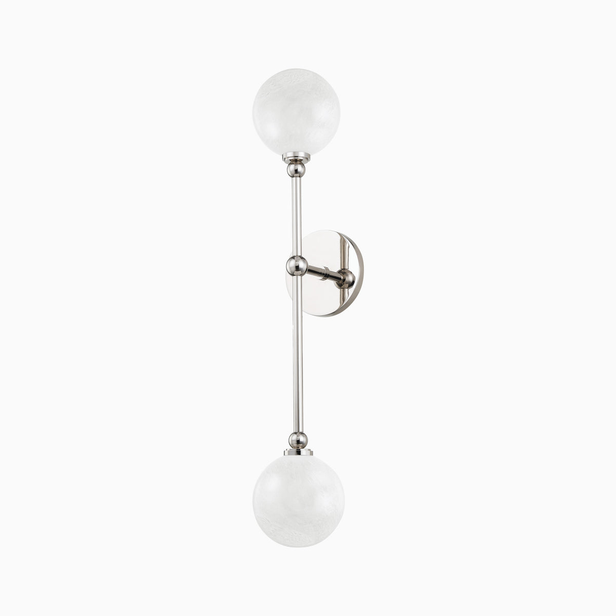 Wall sconce with two patterned glass globes on a vertical polished nickel arm, blending vintage charm with modern elegance.
