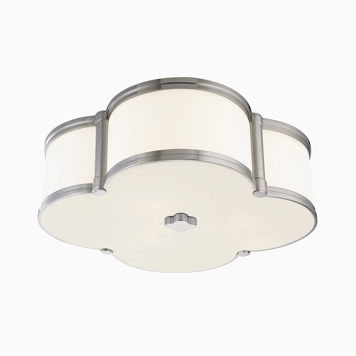 Polished nickel flush mount ceiling light with a quatrefoil silhouette and white diffuser, finished with a matching knob accent.