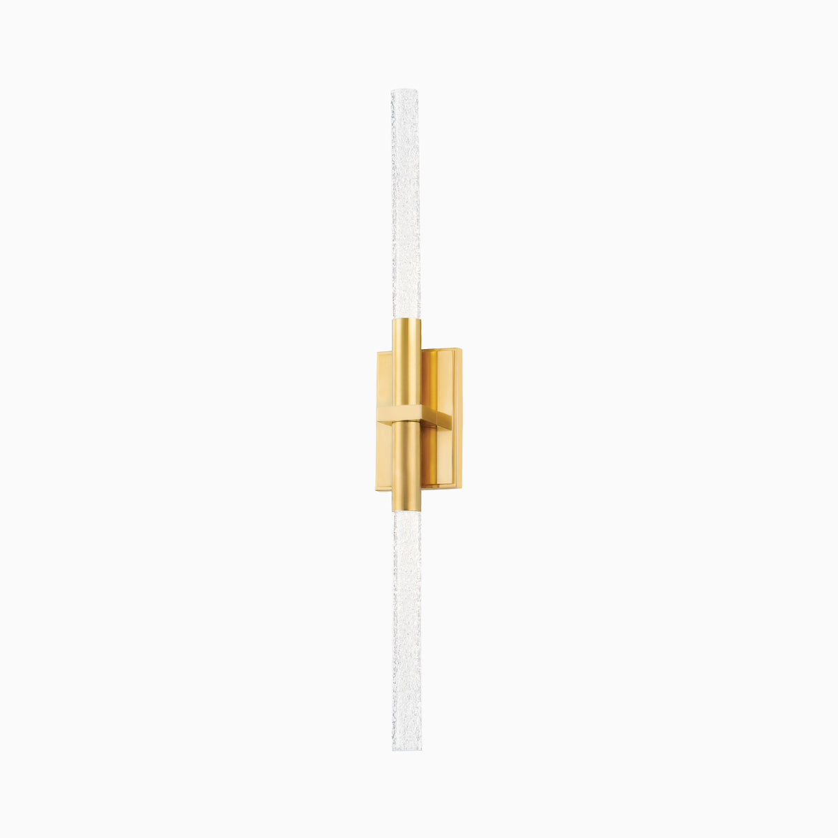 Slim vertical wall sconce with textured glass rods and an aged brass rectangular mount, offering a sleek and modern minimalist design.