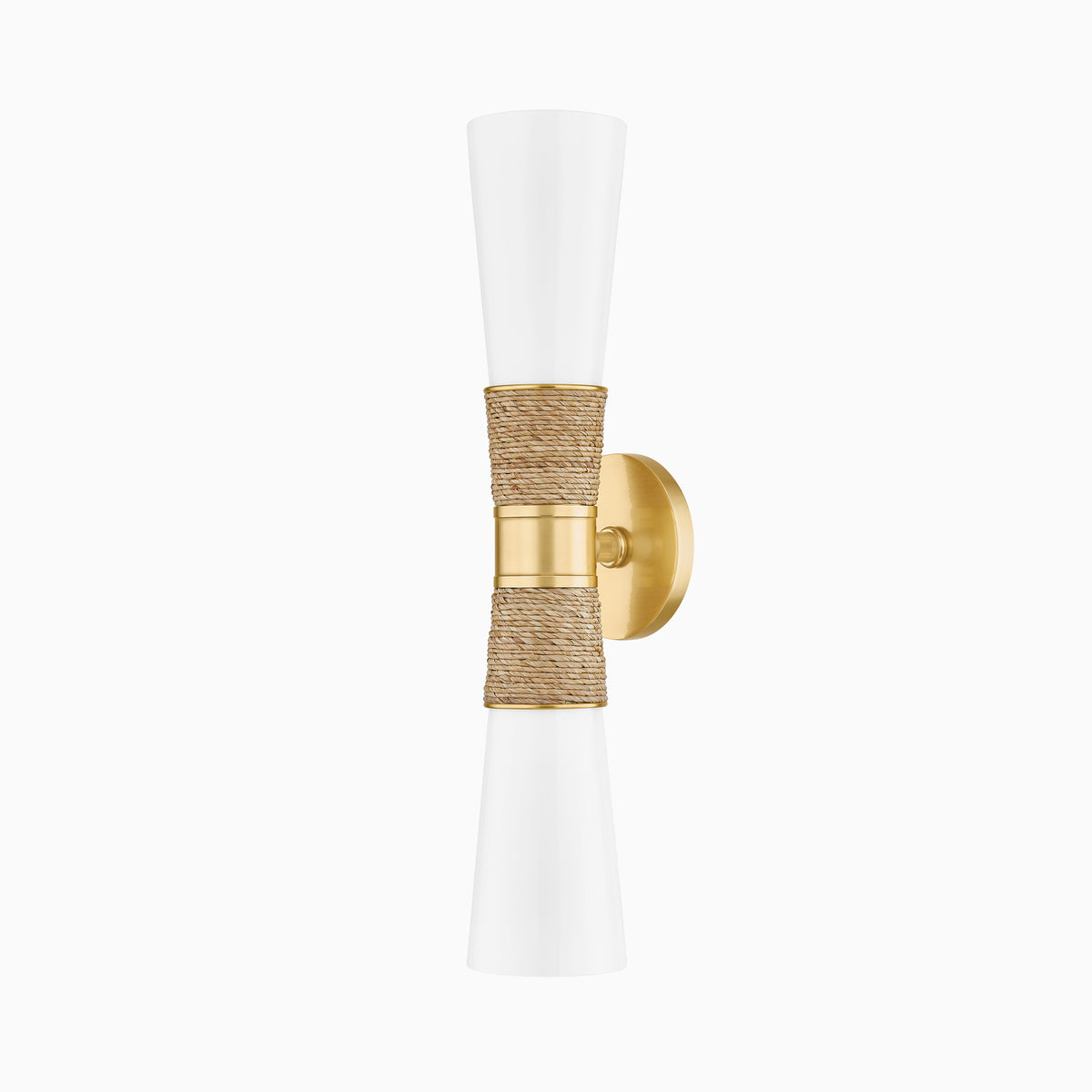 Aged brass wall sconce with woven rattan accent and dual white glass shades, offering a warm modern lighting fixture.