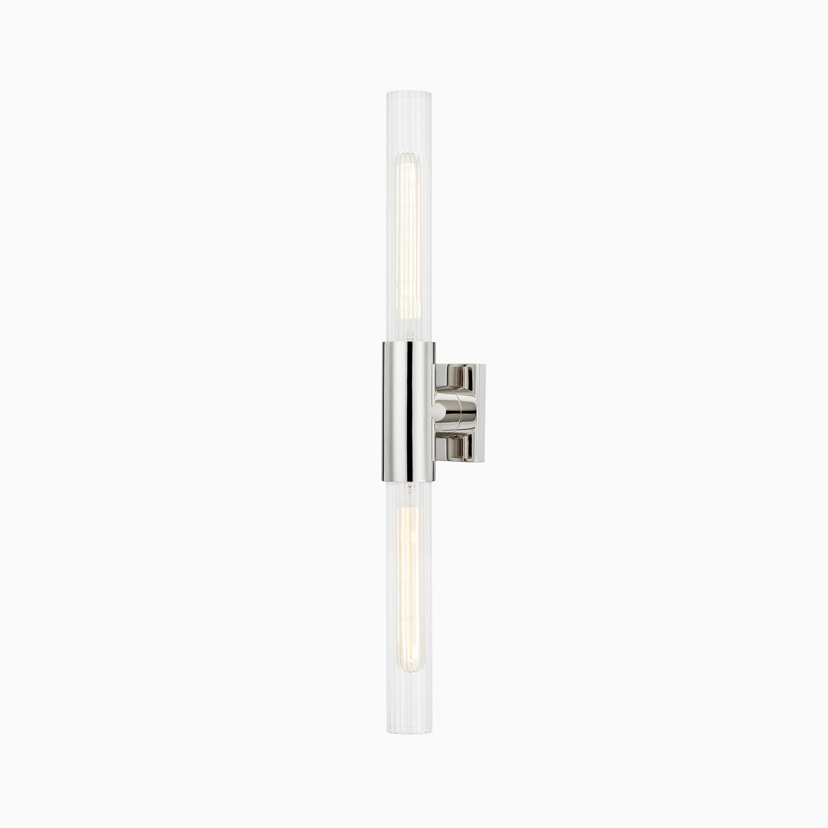 28" wall sconce with polished nickel center mount, twin fluted glass column shades, and sleek silver finish for modern ambient lighting.