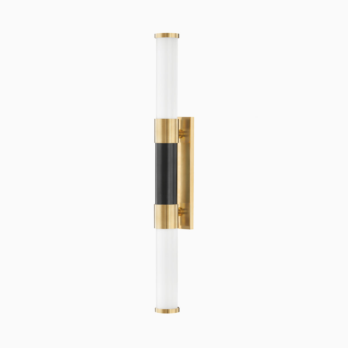 Modern vertical wall sconce with frosted cylindrical diffuser, black center detail, and aged bronze mount for refined ambient lighting.