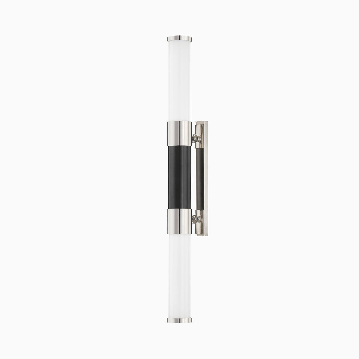 Vertical wall sconce with frosted cylindrical diffuser, black center detail, and polished nickel mount for sleek modern lighting.