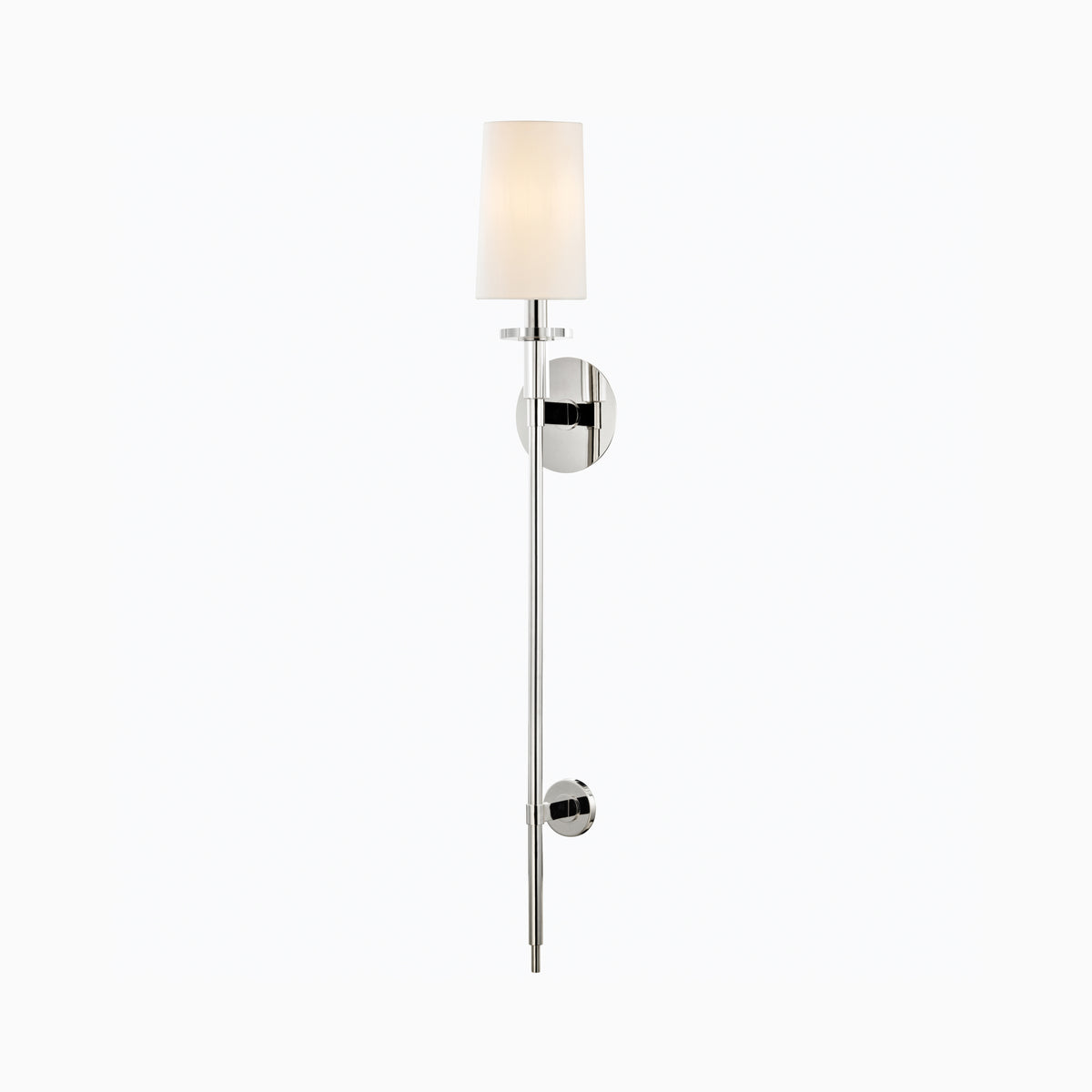 Polished nickel wall sconce with tall cylindrical white shade, slim vertical rod, and round backplate for a sleek modern lighting accent.