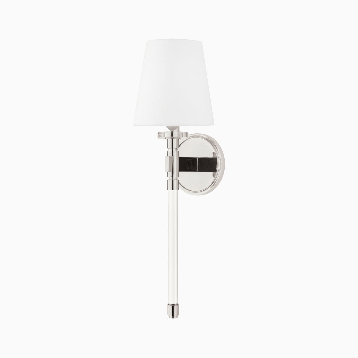 Modern wall sconce with white fabric shade, clear glass rod detail, and polished nickel mount for refined ambient lighting.